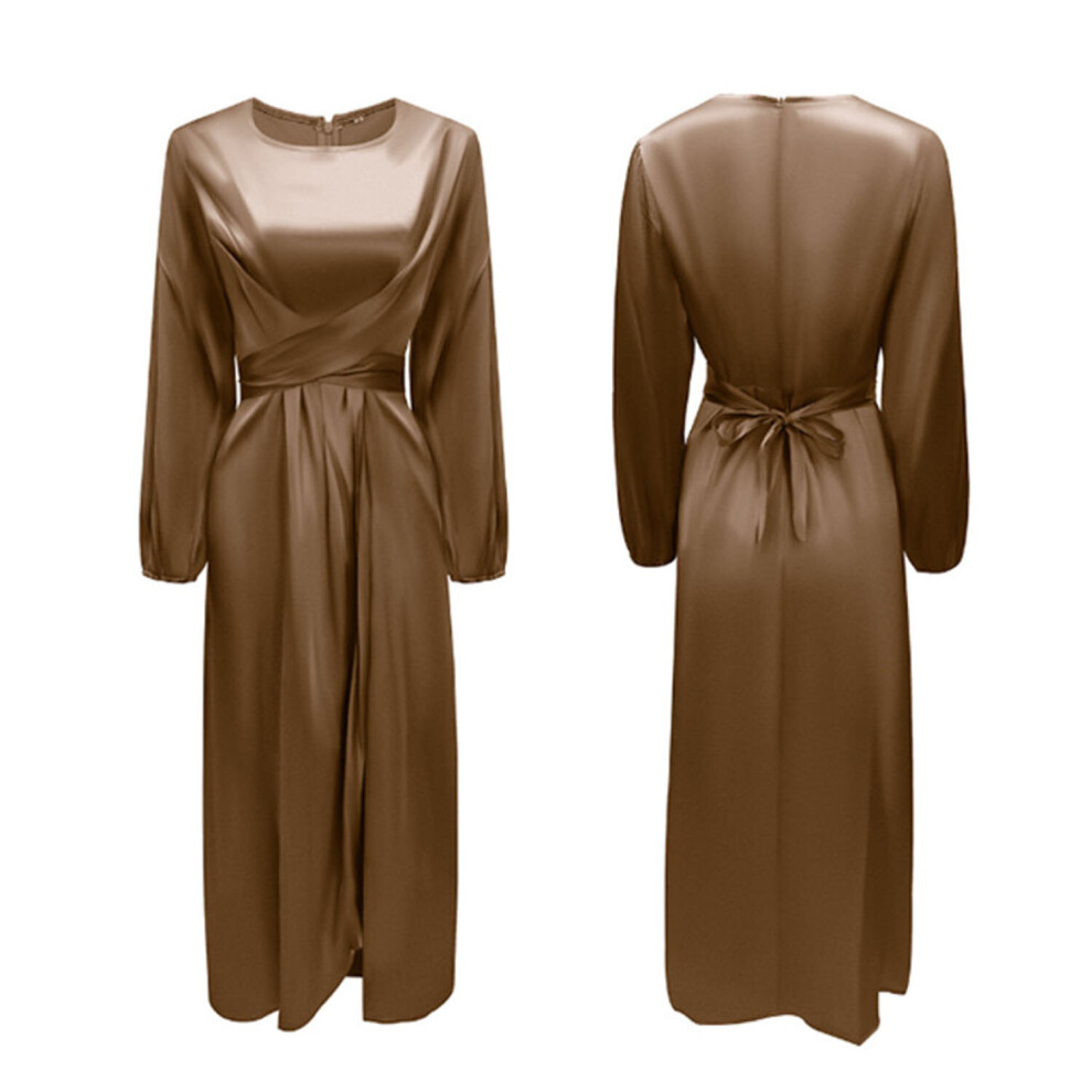 (brown, M) Satin Wrapped Long Sleeve Dress