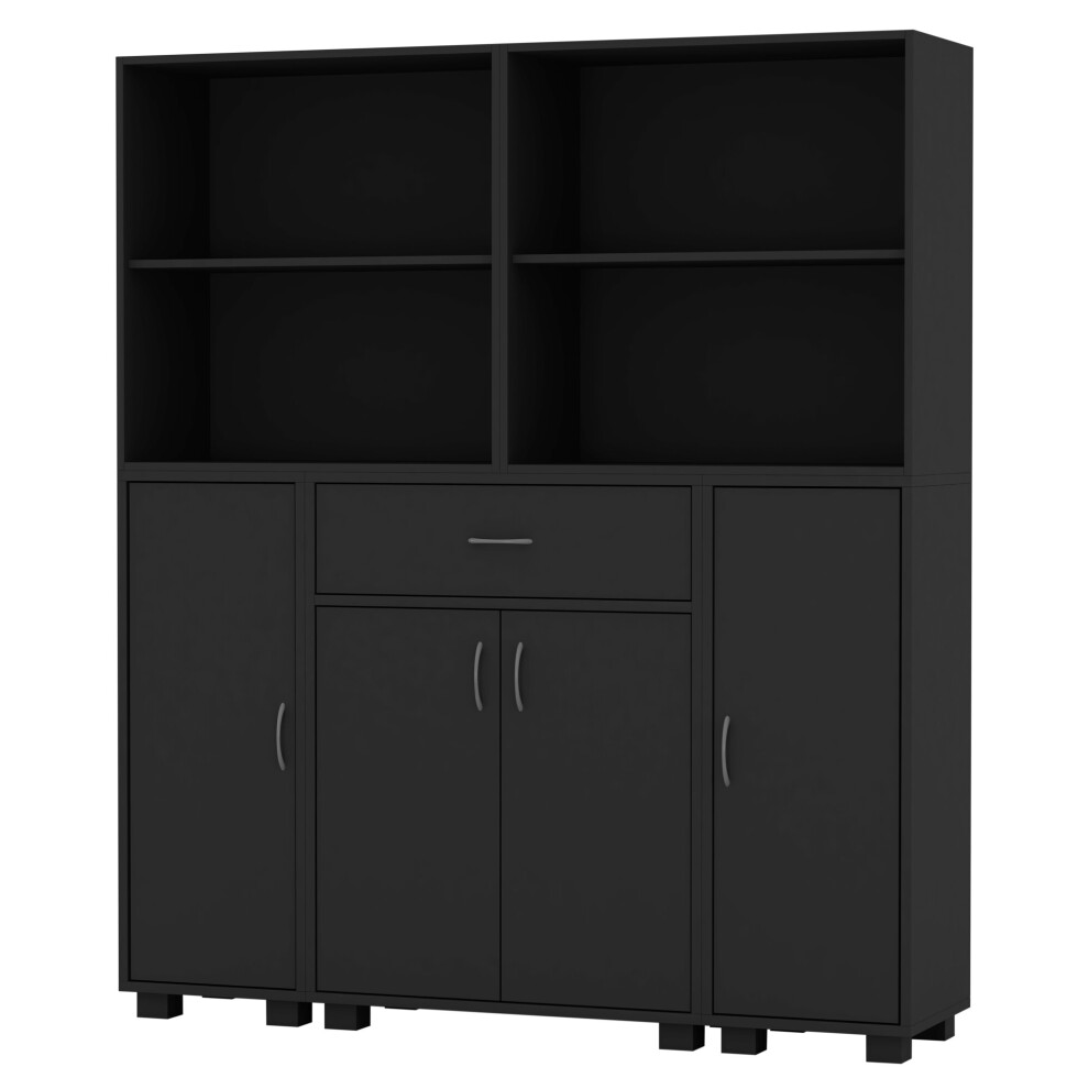 (Black) 4 Door 4 Shelf 1 Drawer Bookcase Cupboard Display