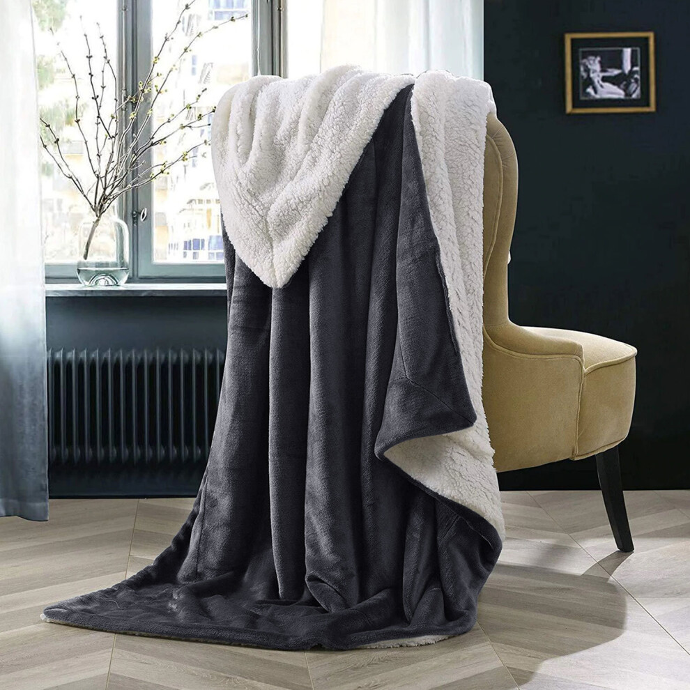 (Grey, King (200 x 240 cm)) Sherpa Fleece Blanket Bed Throw Reversible Sofa Mink