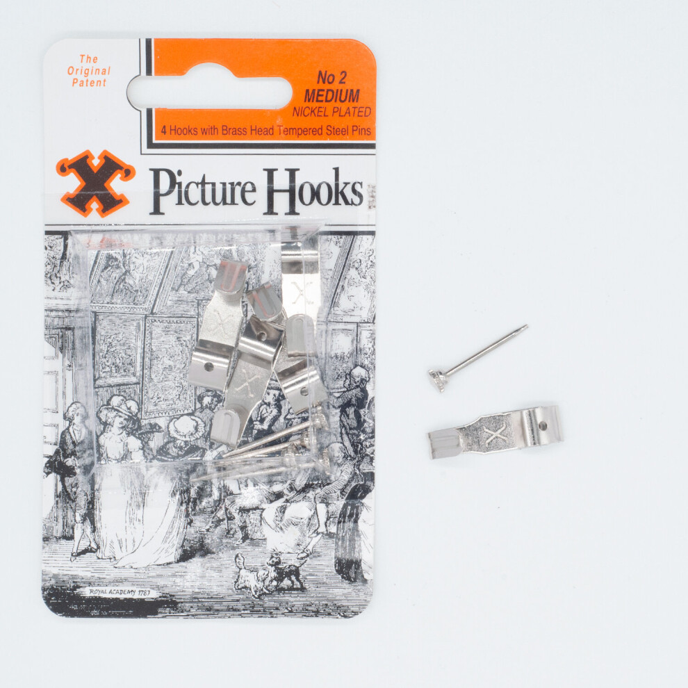 X Picture Hooks Nickel Plated + Pins No.2 Pack of 4 Chrome/Silver