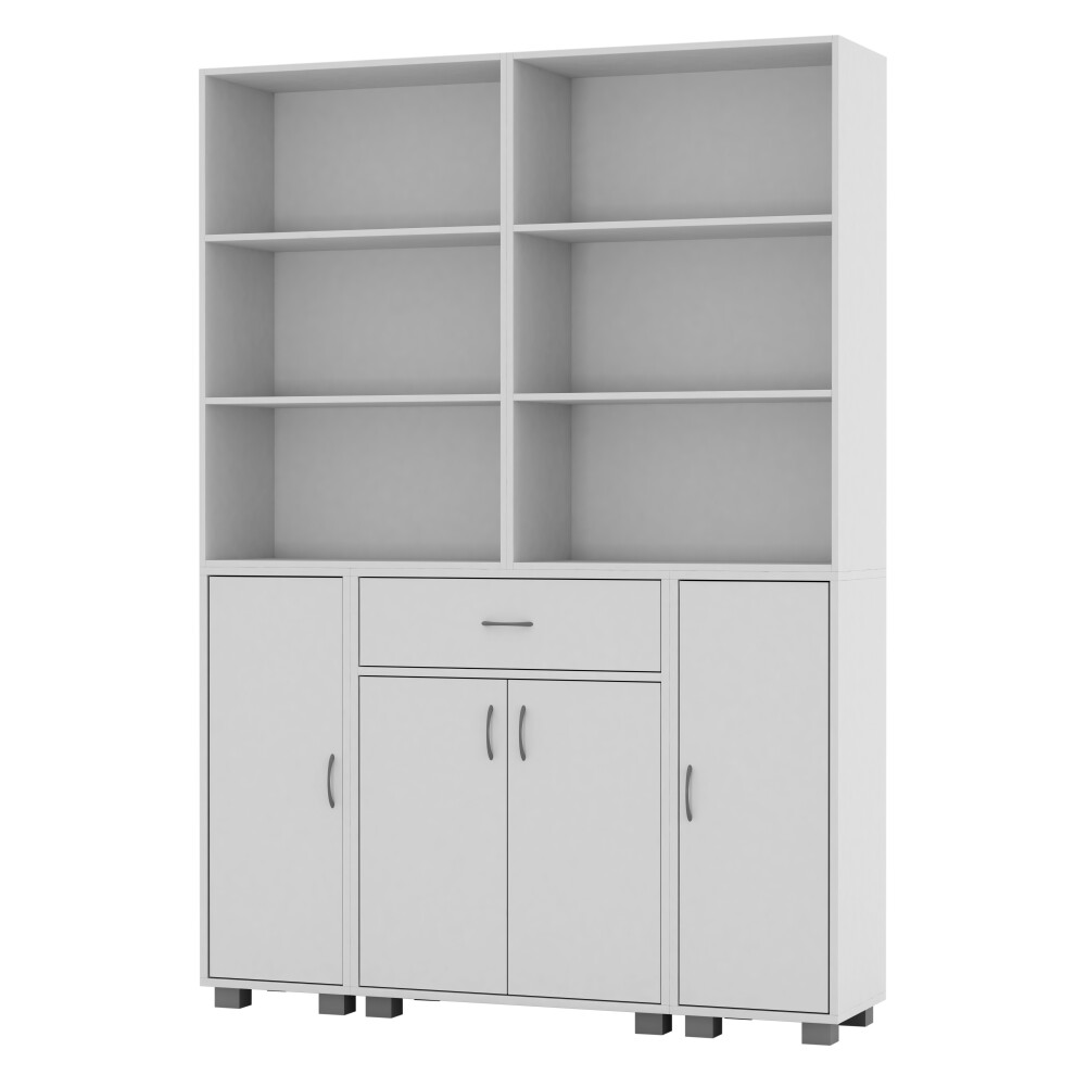 (White) 4 Door 6 Shelf 1 Drawer Cabinet Bookcase Cupboard