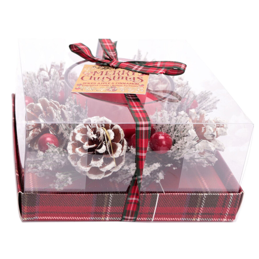 Carousel Christmas Wreath Scented Fragranced Candle Pot Ornament ~ Xmas Table Centrepiece Decoration ~ Wax - Spiced Apple & Cinnamon Red