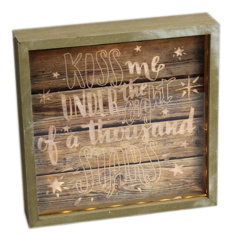 Wooden Box Frame Light Up LED Slogan Plaque Love Sign ~ Kiss Me Under The Light Of A Thousand Stars