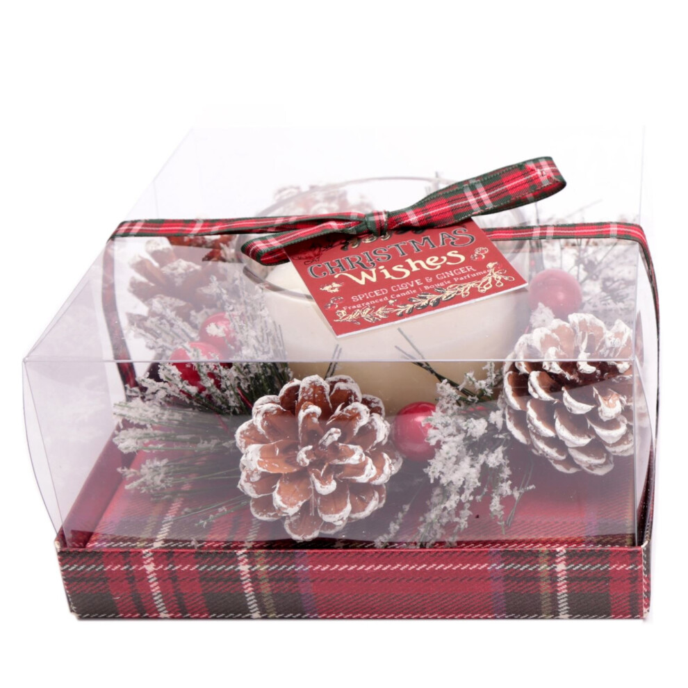 Christmas Wreath Scented Fragranced Candle Pot Ornament ~ Xmas Table Centrepiece Decoration ~ White Wax - Spiced Clove & Ginger