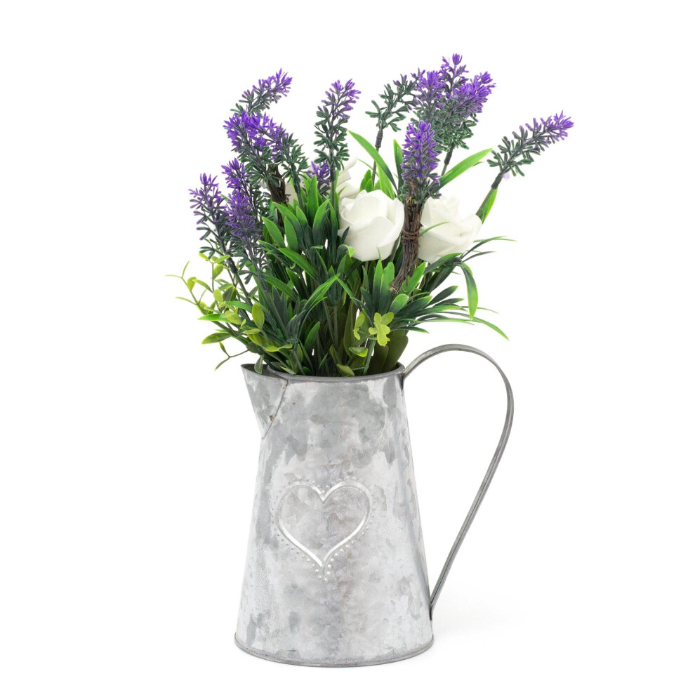 38cm Artificial Flower Arrangement Ivory Rose And Lavender Flower ~ Faux Floral Home Decoration - Vintage Heart Metal Jug Vase