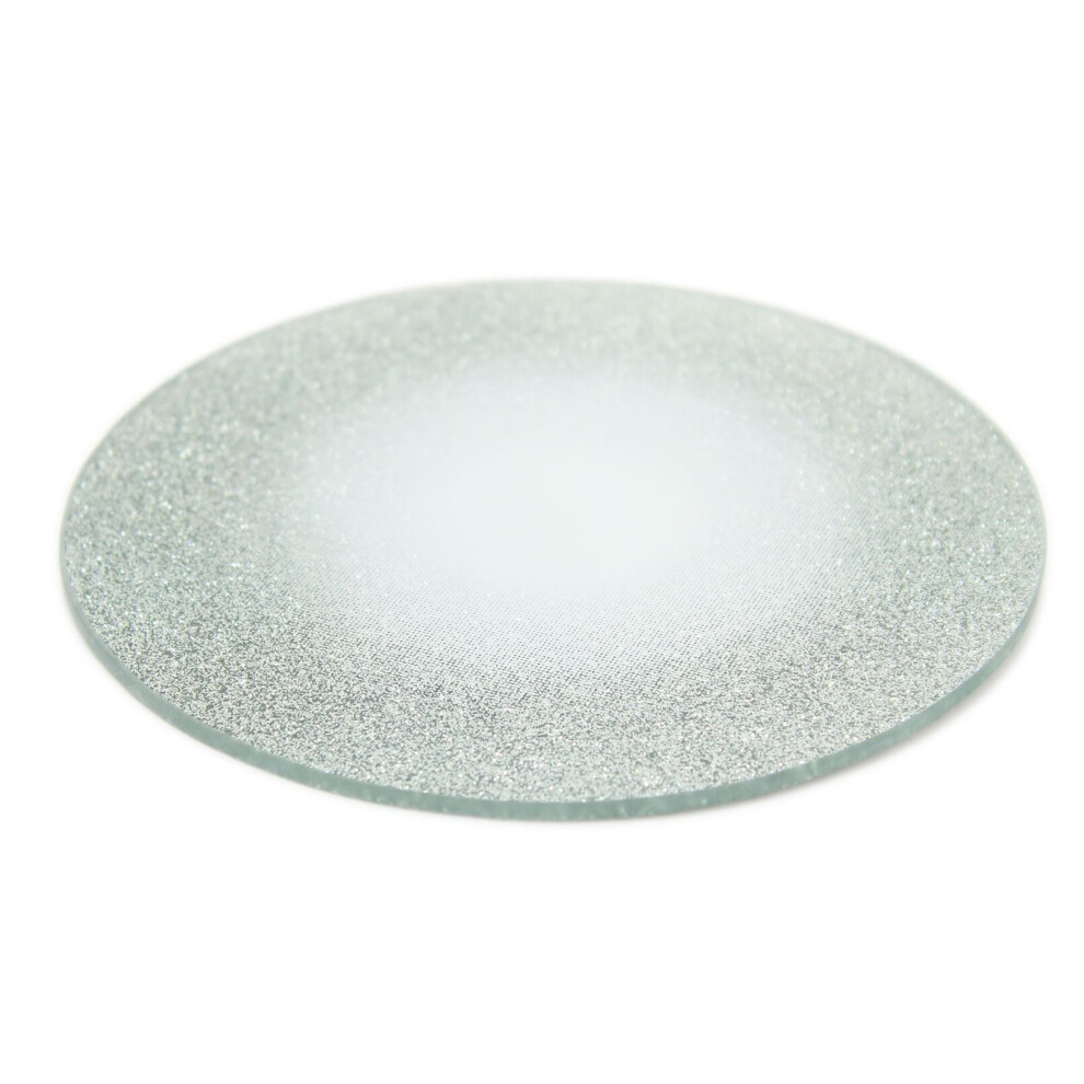 Round Glitter Glass Mirror Candle Plate Stand - Silver Sparkle Candles Coaster 15cm