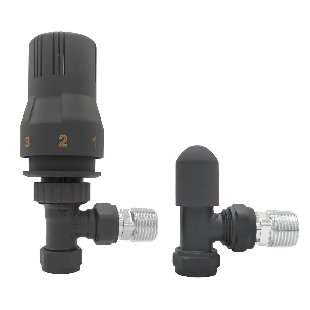 NRG 15mm Angled Thermostatic Radiator Valve and Manual Angled Valves Anthracite