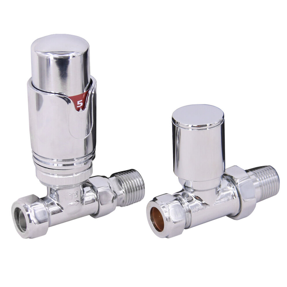 NRG Chrome Straight Thermostatic & Manual Valve Radiator Valves Central Heating Taps