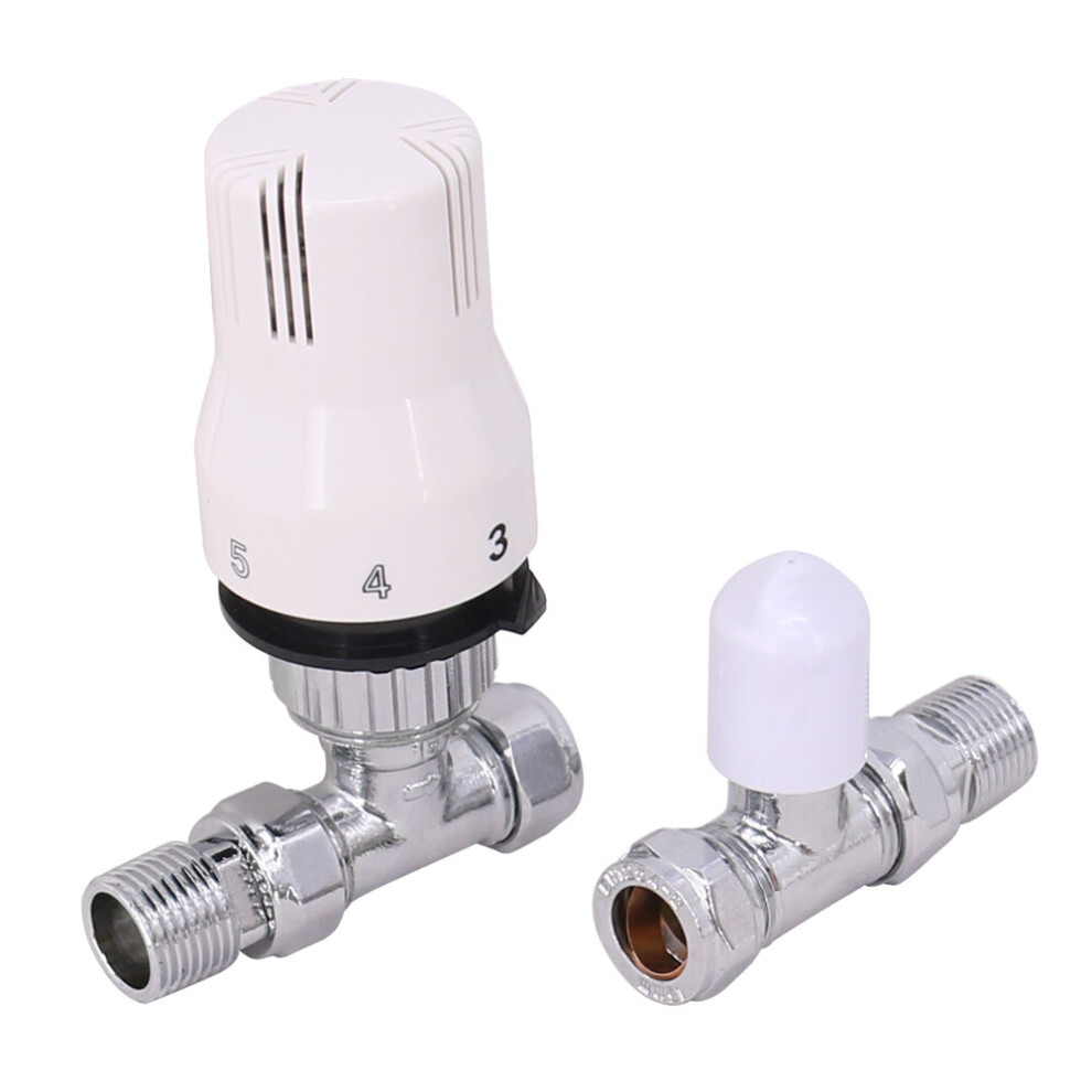 White&Chrome Thermostatic Straight Radiator Towel Rail Valves 15mm TRV Tap with Free Manual Straight Valve