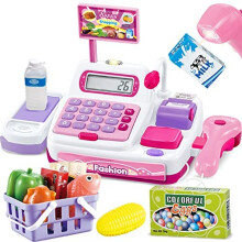 BUYGER 34 Pcs Kids Mini Childrens Toy Till for 3 Year Old Boys/Girls, Pretend Cash Register Till Toy with Scanner for Kid, Role Play Money Shopping