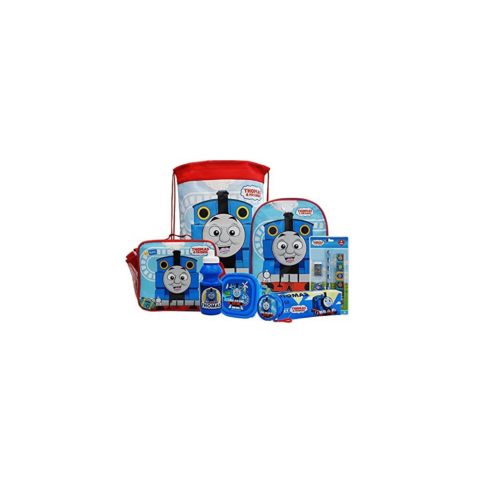 Thomas & Friends 8PC Back to School Bundle - inc Backpack, Drawstring Sports Bag, Insulated Lunch Bag, Sandwich Box, Water Bottle, Coin Pouch, Pencil