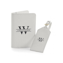 Personalised Luggage tag and Passport Cover Travel Set, Custom Passport Holder and Suitcase Label tag Gift Set (Style 4, Black on Grey)