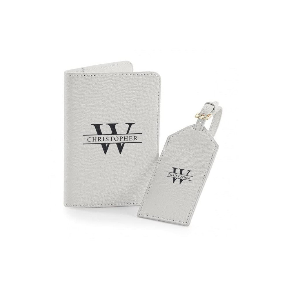 Personalised Luggage tag and Passport Cover Travel Set, Custom Passport Holder and Suitcase Label tag Gift Set (Style 4, Black on Grey)-image-OPC-PB82CYQ-NEW