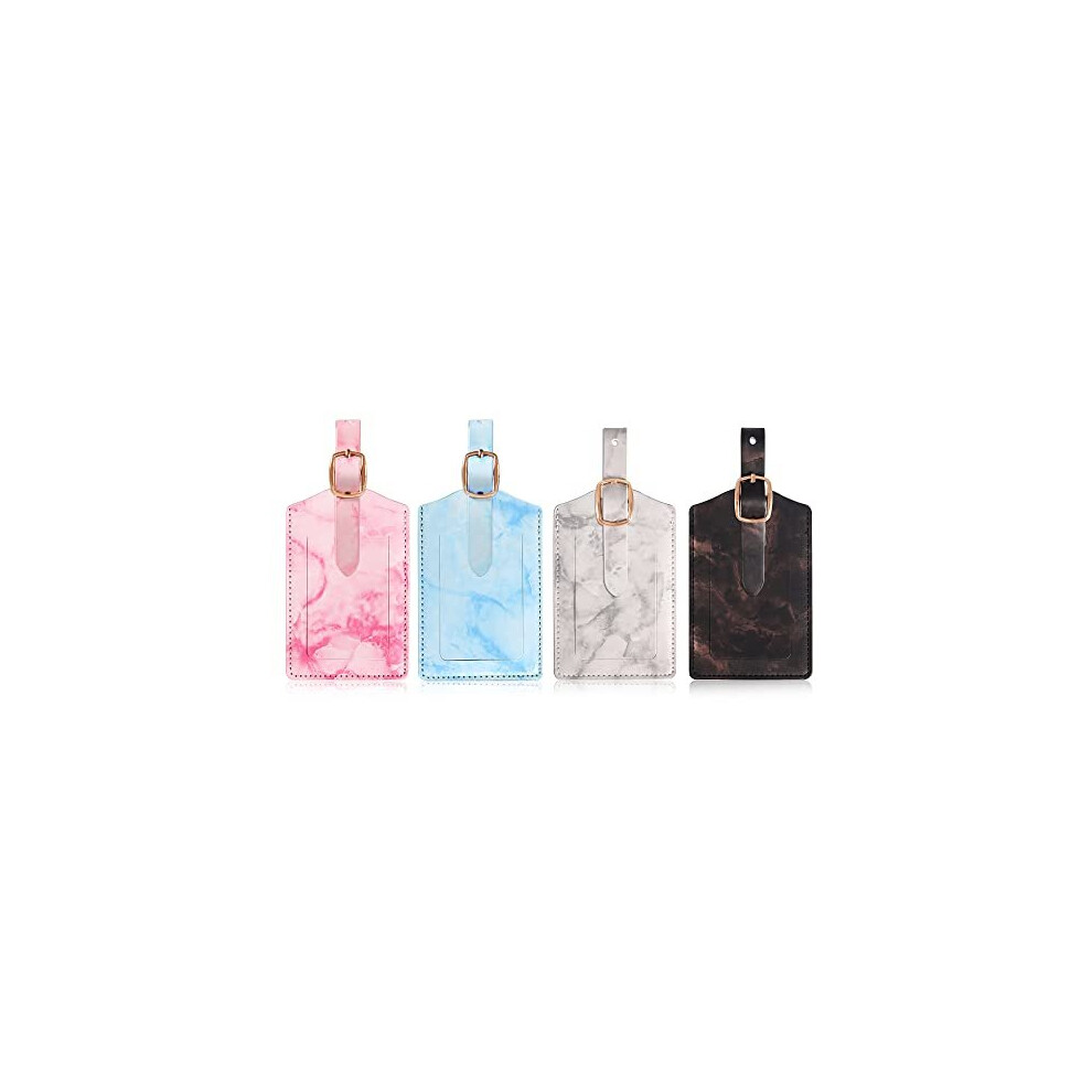 4 Pack Luggage Tags, LEUOSO Travel Secure Luggage Tags, PU Marble Baggage Labels, Suitcase ID Tag Set, Personalized Business Card Holder for Travel