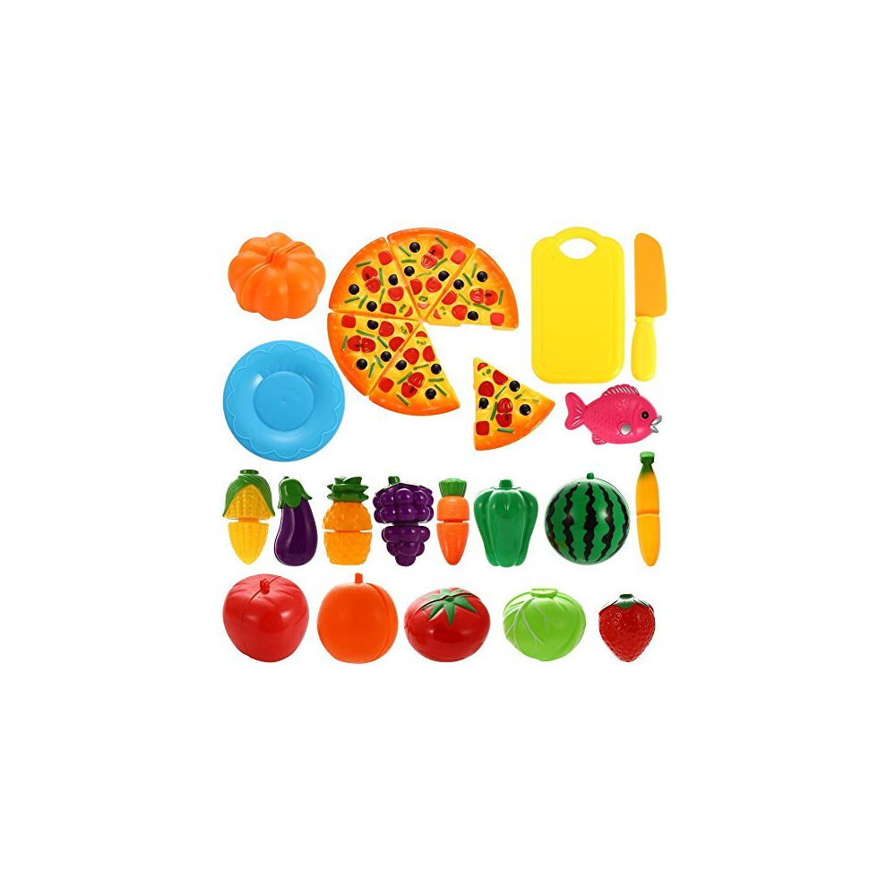 NIWWIN 24 PCS Play Food Set for Kids Plastic Cutting Pizza Fruits and Vegetables Pretend Play Set