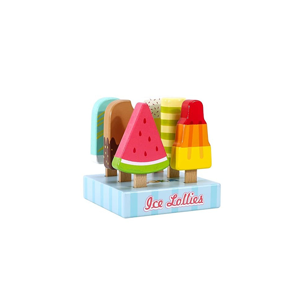 SOKA Wooden Ice Lollies 7 Pieces Ice Cream Popsicle Selection Pretend Play Set Colourful Variety Lolly Shop Food Stand Toy Set for Kids Children Girl