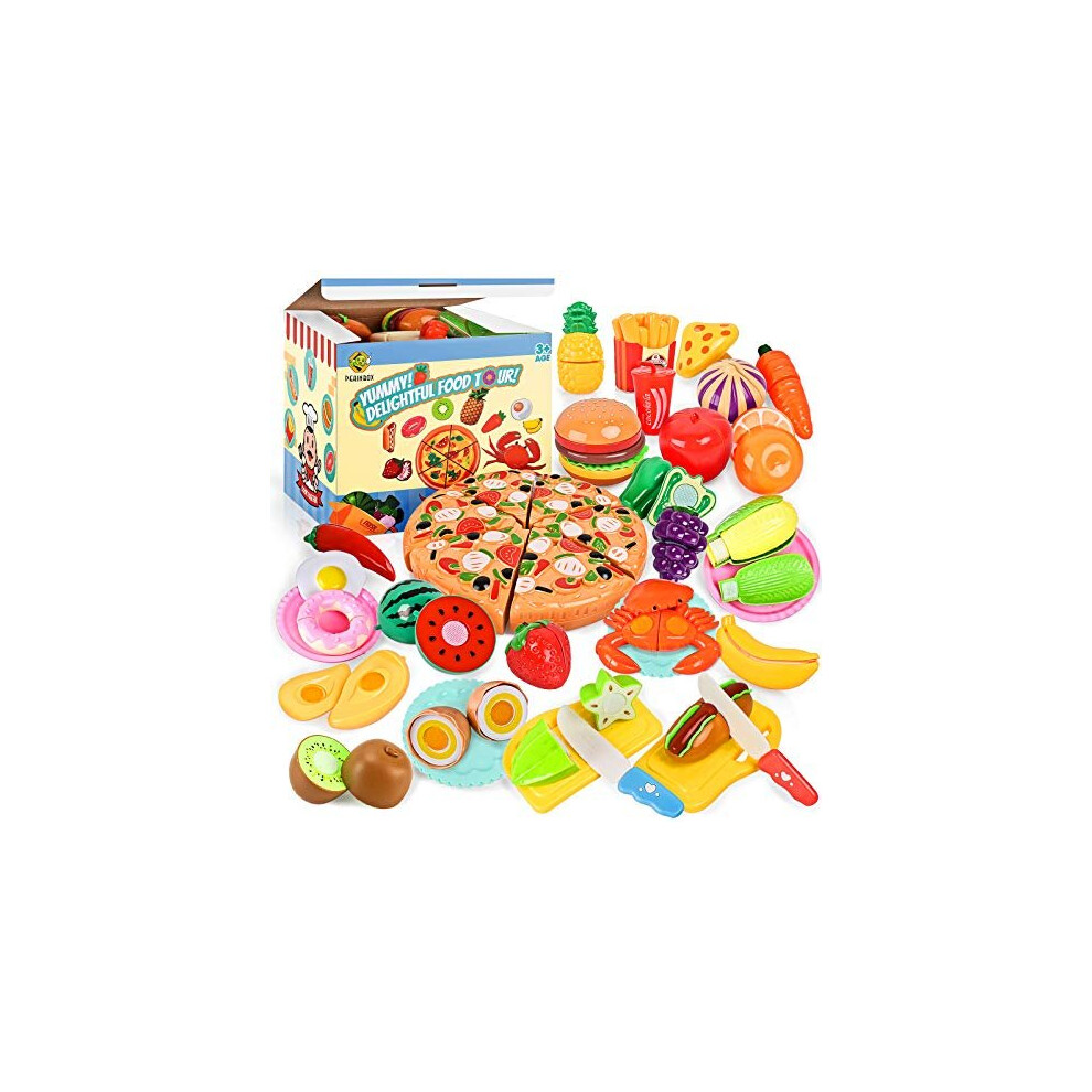 70PCS Kids Pretend Play Food Sets for Children Kitchen Toys Accessories Set BPA Free Plastic Pizza Toy Food Fruits and Vegetables Playset Christmas