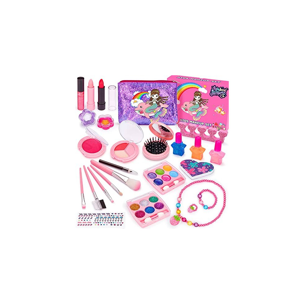 Chennyfun Girls Washable Makeup Set, 26PCS Real Safe Non Toxic Make up Set, Cosmetic Beauty Toys Kit Princess Accessories Set Role Play Gift for Kids