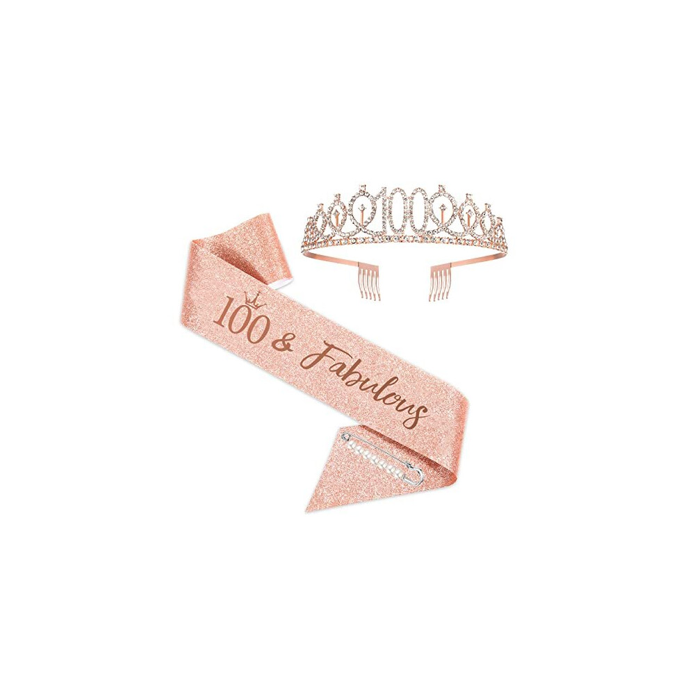 100th Birthday Sash and Tiara for Woman, Rose Gold Birthday Sash Crown 100 & Fabulous Sash and Tiara for Woman, 100th Birthday Gifts for Happy 100th