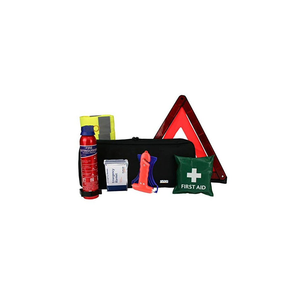 Evaq8 Car Safety & Emergency Kit For Breakdowns Â Uk Assembled, Bs6165 600G Fire Extinguisher, Reflective Triangle, Hammer & First Aid 5060176881617
