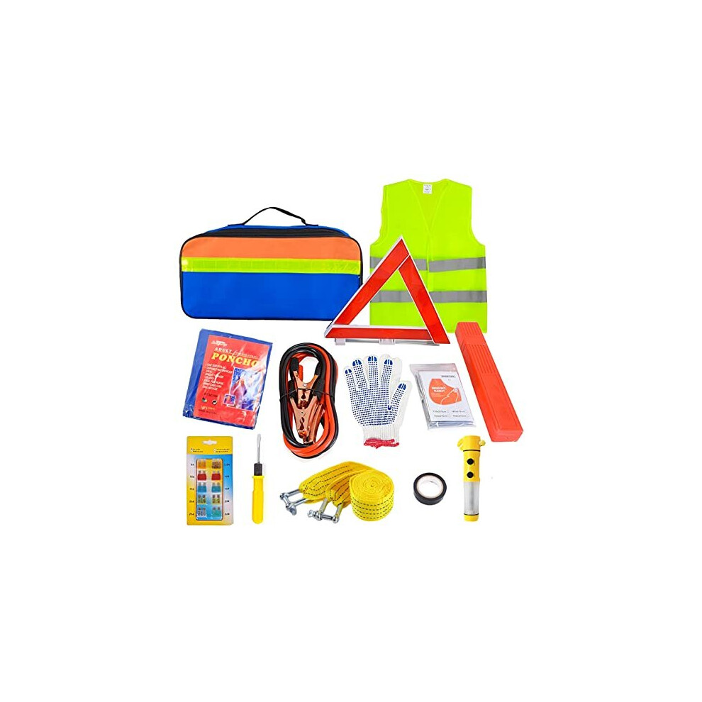 Crayfomo 12-In-1 Car Emergency Tool Kits,European Roadside Assistance Car Breakdown Kit With Visibility Vest,Warning Triangle,Jumper Cables,Car Safety 721927677693
