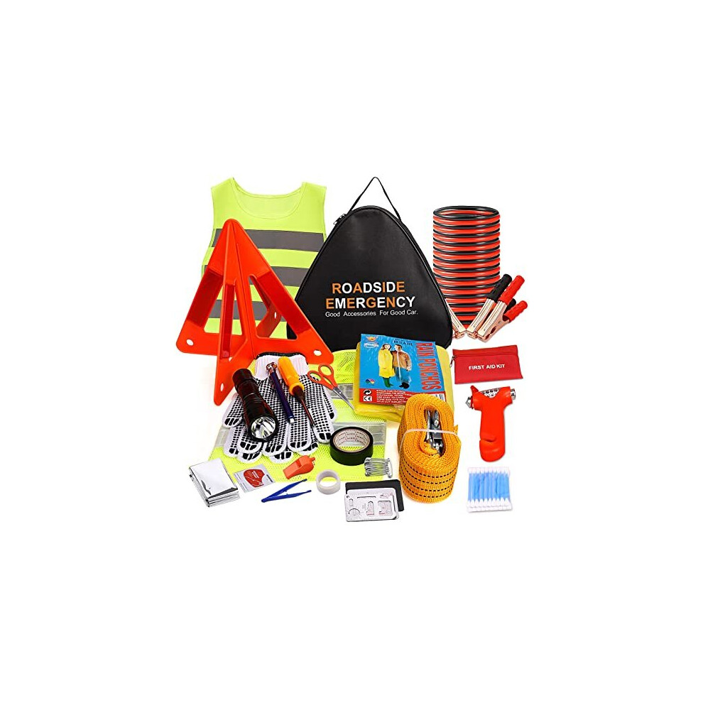 Emergency Breakdown Kit 76-In-1: Multifunction Roadside Safety Kit With Jumper Cables, Tow Rope, Triangle, Flashlight & First Aid 763440759982