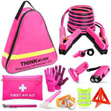 THINKWORK Car Emergency Kit for Teen Girl and Lady's Gifts, Pink Emergency Roadside Assistance kit with 10FT Jumper, First Aid Kit, Safety Hammer, Tow