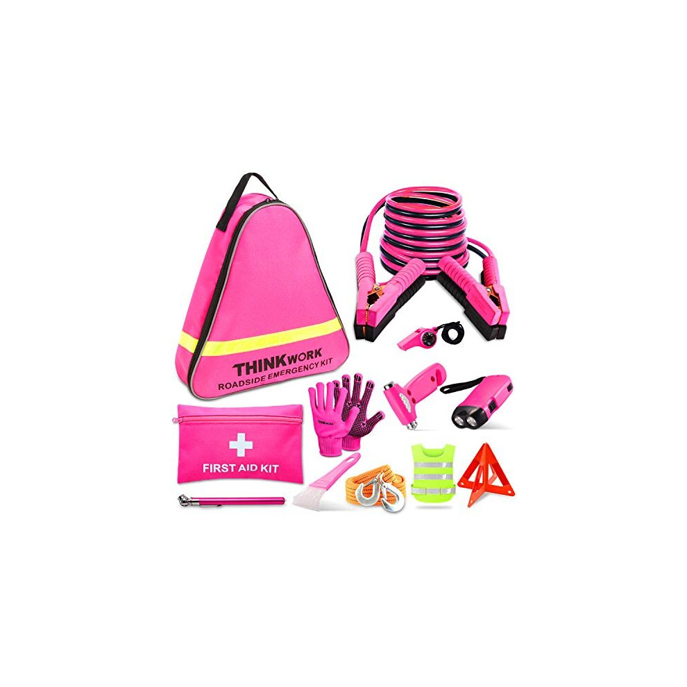Thinkwork Car Emergency Kit For Teen Girl And Lady's Gifts, Pink Emergency Roadside Assistance Kit With 10Ft Jumper, First Aid Kit, Safety Hammer, Tow