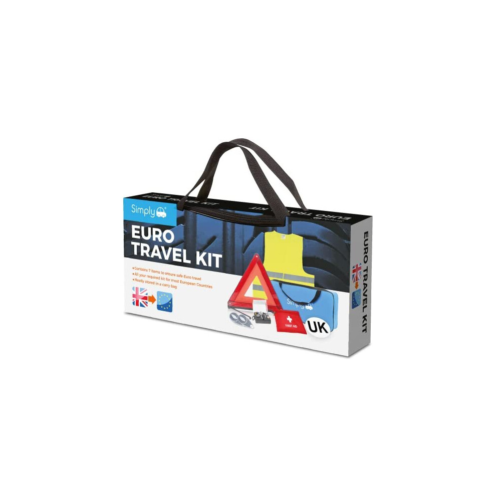 Simply ETK1 Europe Travel Kit. 7 Piece Set includes Warning Triangle, Reflective Vest, Headlight Beam Converters, UK Plate, Bulb Kit and FIRST Aid Kit