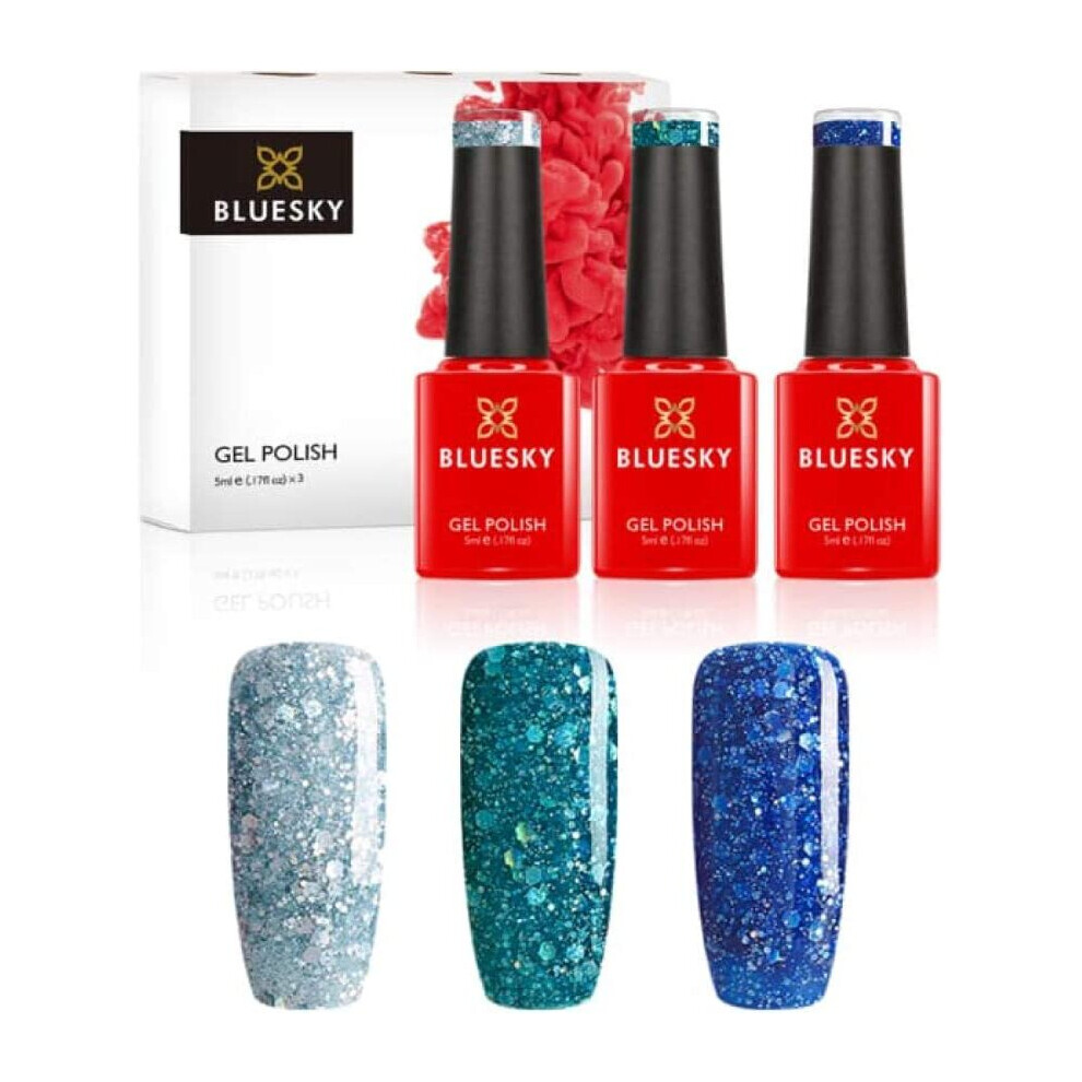 BLUESKY Gel Nail Polish Set, Teal Confetti. Dazzling Blz49, Teal Blue Green Blz10, Midnight Blue Blz13. 3 X 5Ml. Glitter (Requires Curing Under Uv/Led