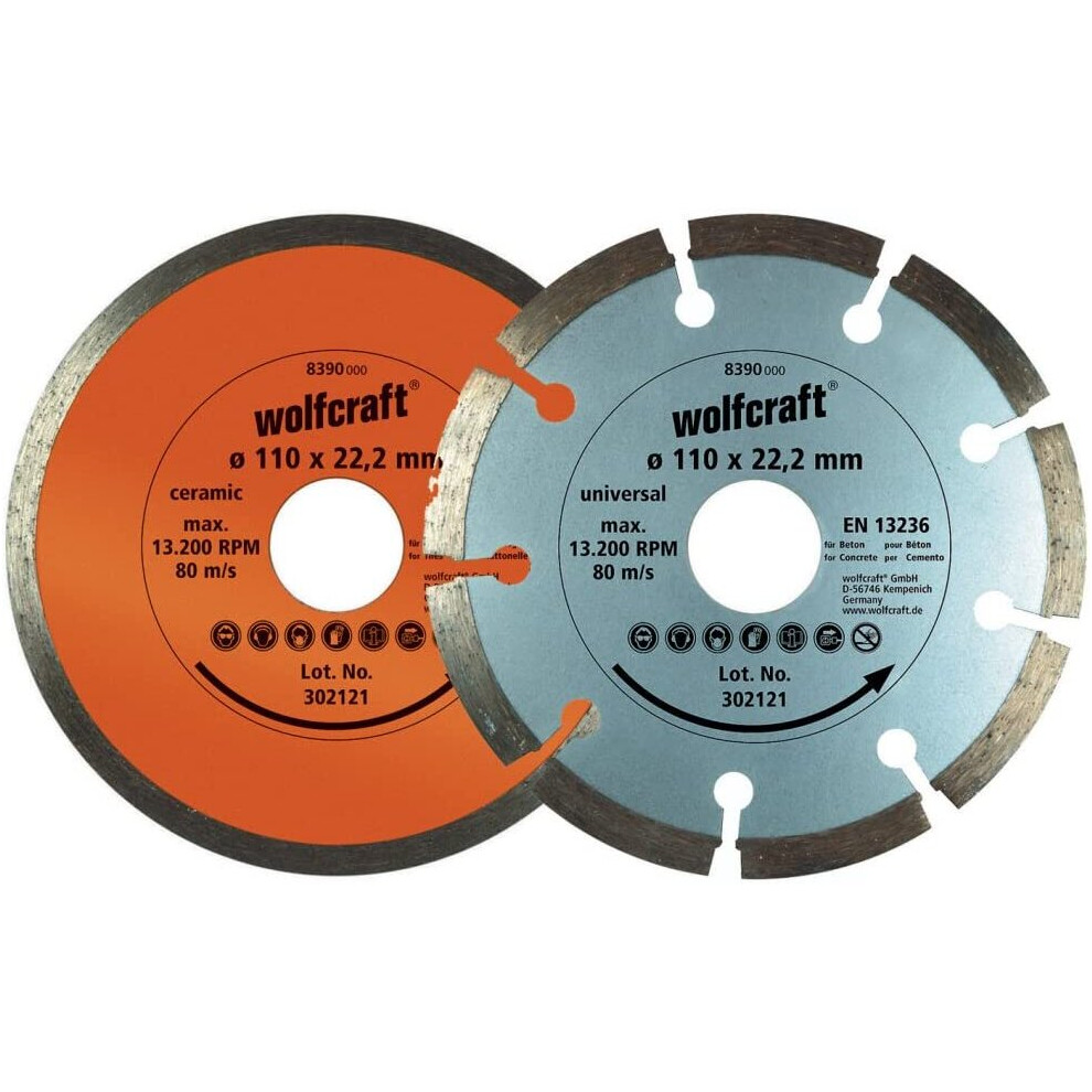 wolfcraft 8390000 Set 2 discos diamantados de tronzar, uno segmentado y el otro cerrado Pack 1