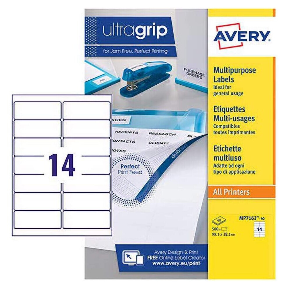 Avery MP7163-40 self-adhesive Multipurpose Labels, 14 labels per A4 Sheet, White