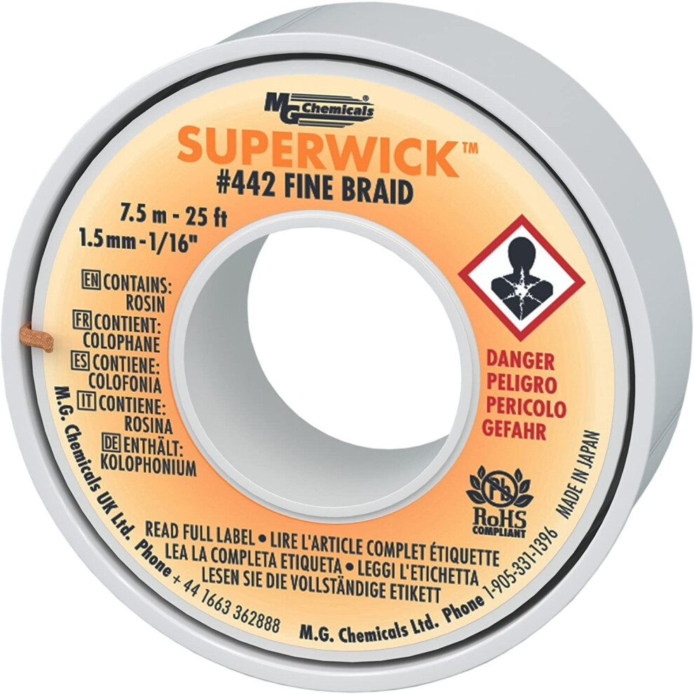Mg Chemicals Desoldering Braid #2 Fine Braid Super Wick With Rma Flux, 25' Length X 0.05" Width, Yellow 779008442005