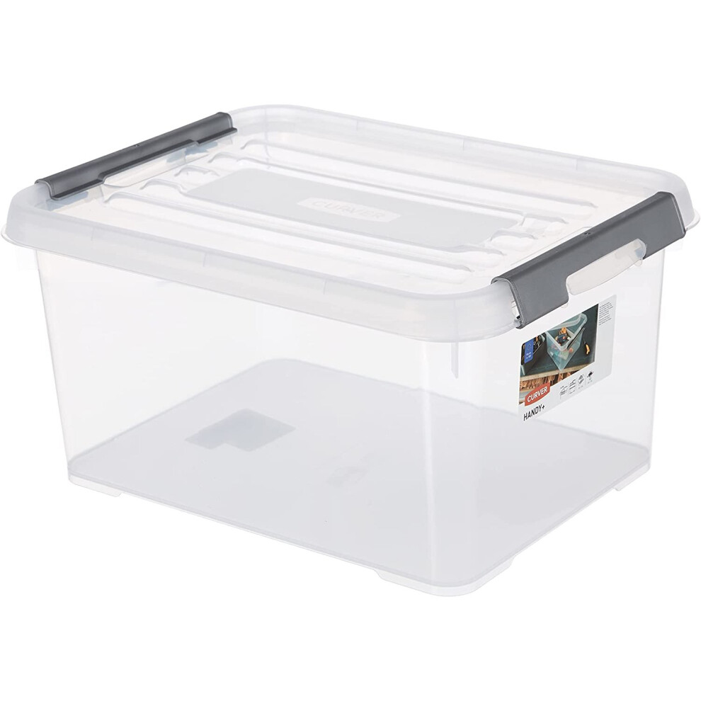 Curver Storage Box Handy Plus with lid 15L in Transparent/Silver, 39x29x20 cm