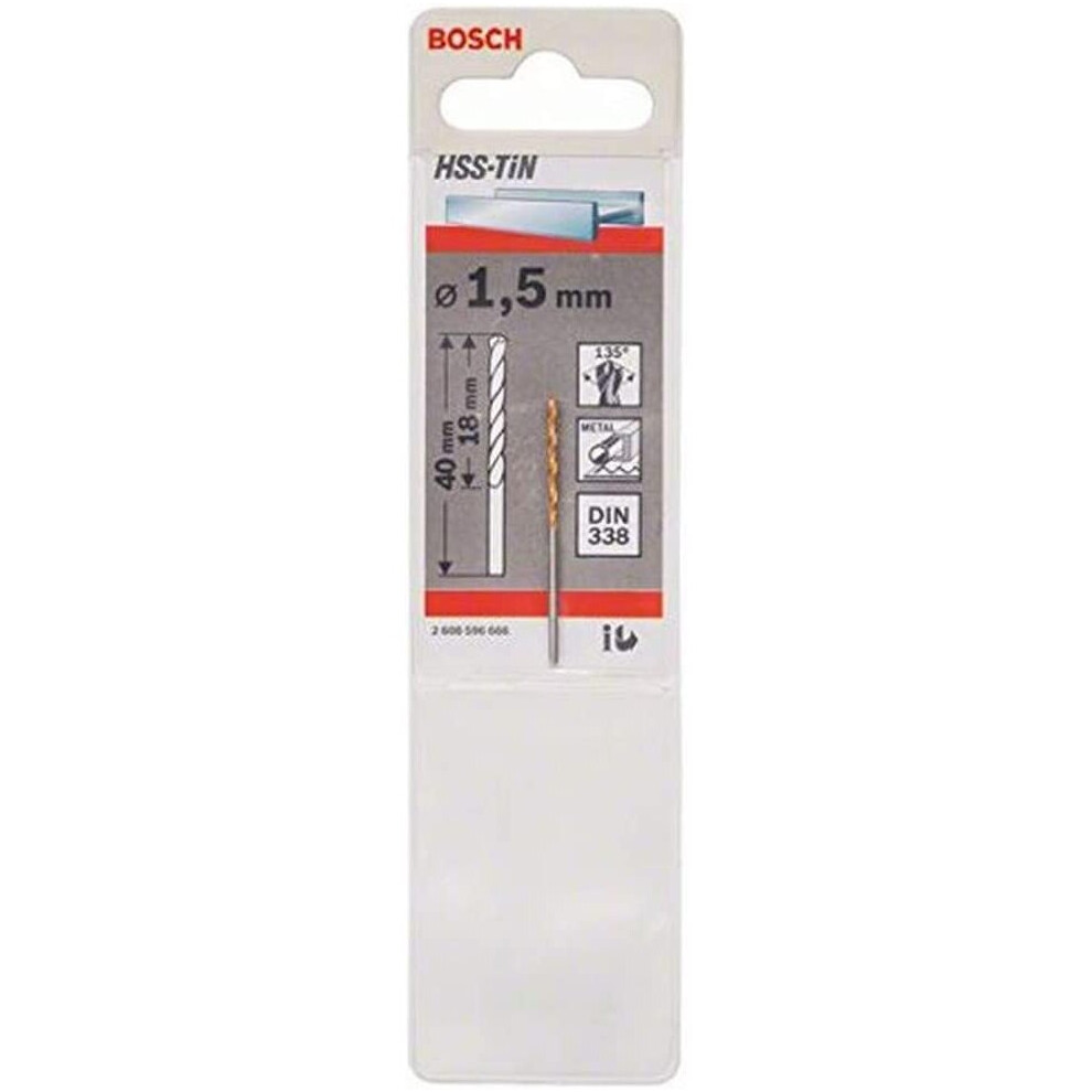 Bosch 2608596666 Din338 Metal HSS-Tin Drill Bit, 1.5mm x 18mm x 40mm, Silver