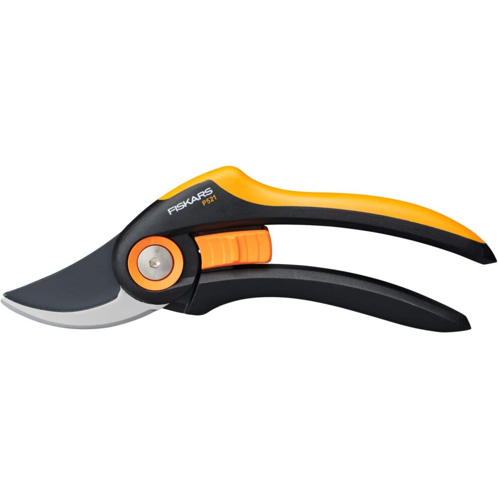 Fiskars Bypass Garden Pruners, Plus, P521, For fresh branches and twigs, Non-stick coated, Stainless steel blades, Length: 20.1 cm, Black/Orange,