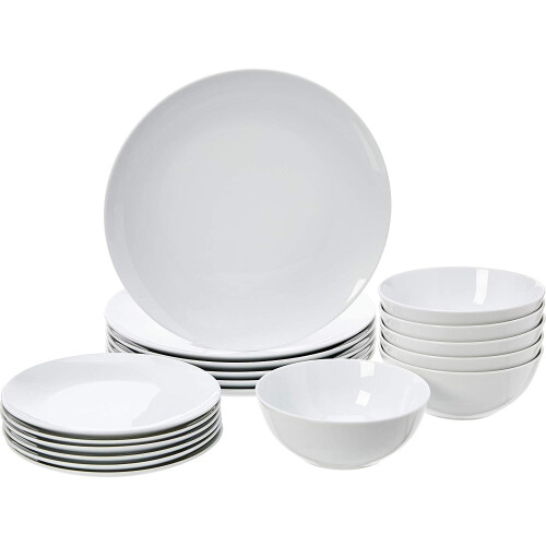 Amazon Amazon Basics 18-Piece Dinnerware Set - White Porcelain Coupe, Service for 6