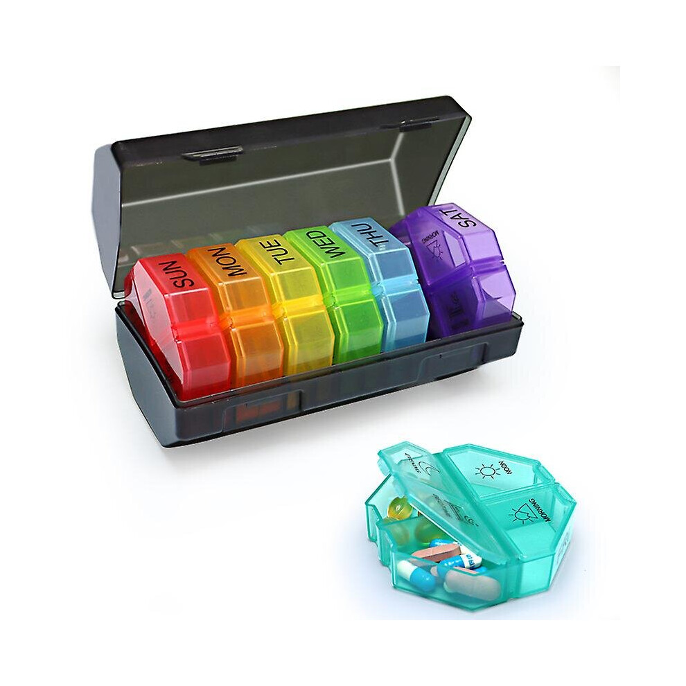 (Black) Weekly Pill Organizer 28 Grids Rainbow Colors Dust Proof Portable Vitamins Box