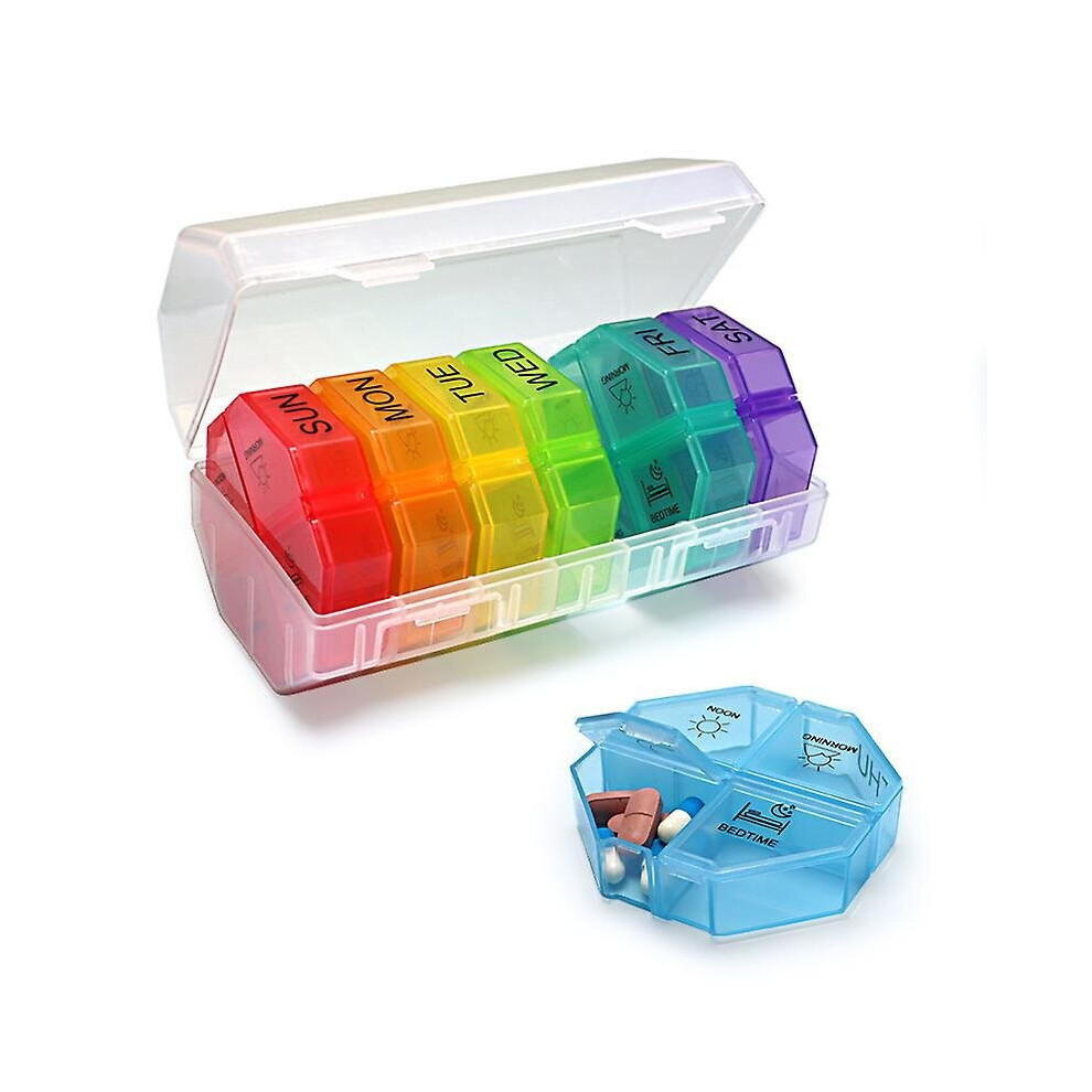 (Transparent) Weekly Pill Organizer 28 Grids Rainbow Colors Dust Proof Portable Vitamins Box
