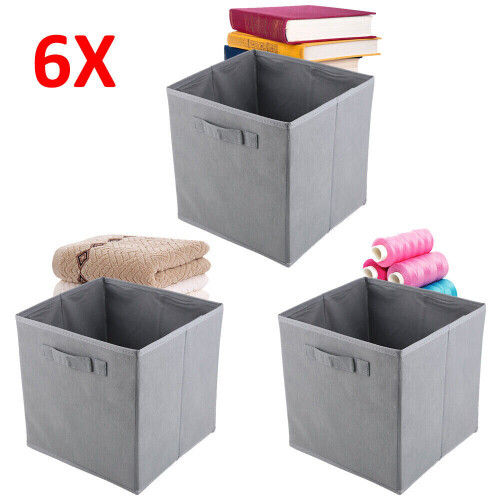 6-Pack Foldable Canvas Storage Boxes - Gray Collapsible Cube Organizer (27 x 28 x 27 cm) 2