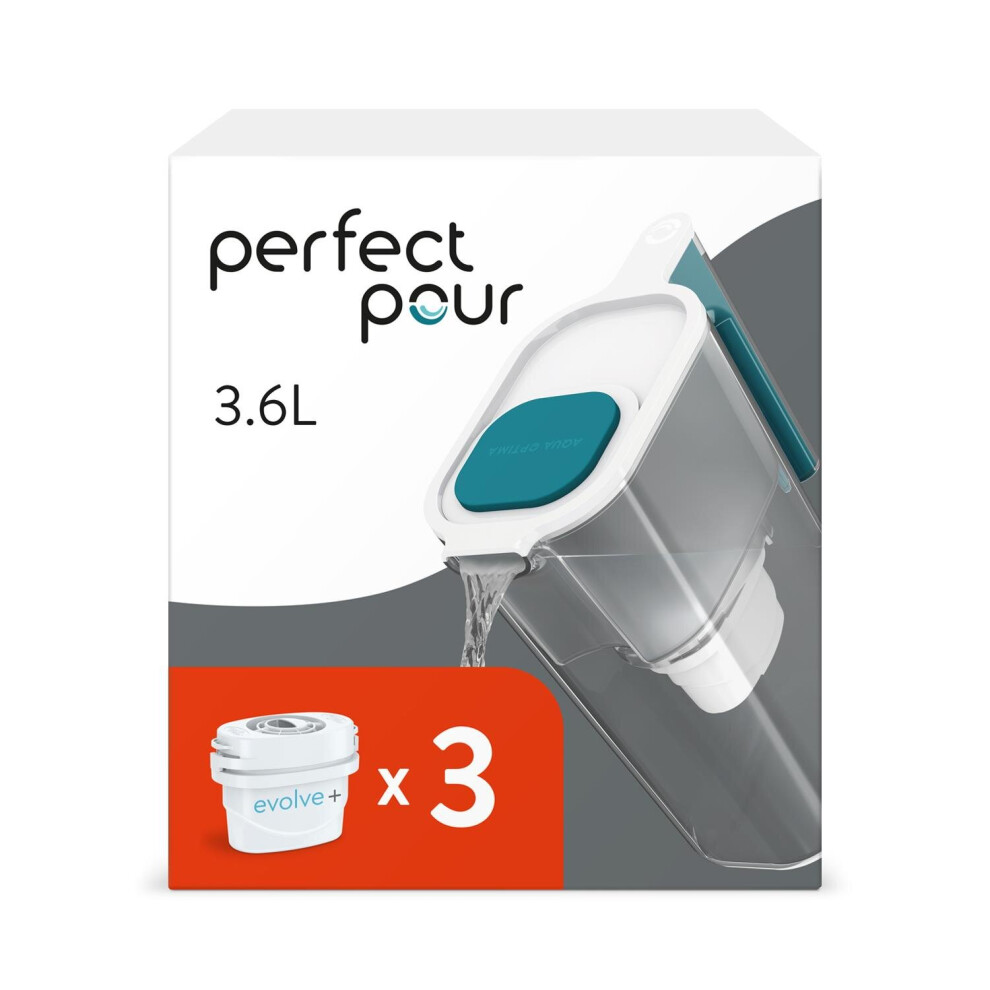 Aqua Optima Perfect Pour 3.6L Water Filter Jug & 3 Evolve+ Filters, 3 Month Pack