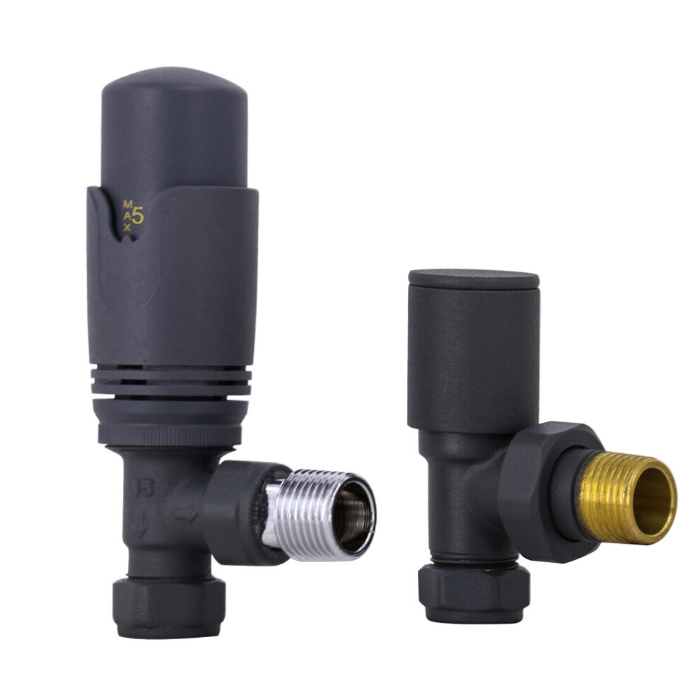 NRG Anthracite Angled TRV Thermostatic Radiator Valve Taps with Free Manual Angled Valve