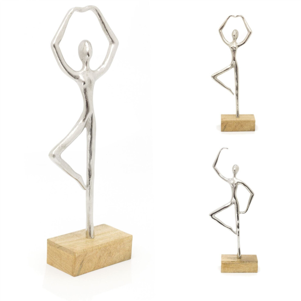 46cm Abstract Silver Metal Ballet Dancer Sculpture On Mango Wood Base