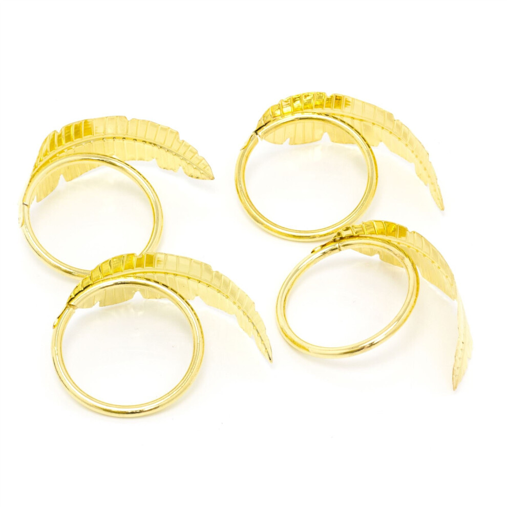 Set Of 4 Gold Tone Luxury Leaf Round Metal Napkin Rings Serviettes Holders