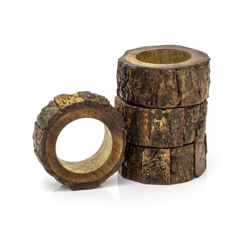 Carousel Set Of 4 Rustic Wooden Tree Bark Napkin Rings | Christmas Wedding Napkin Holders