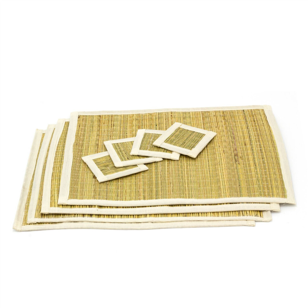 Set Of 4 Natural Grass & Jute Dining Table Rectangle Placemats And Coasters