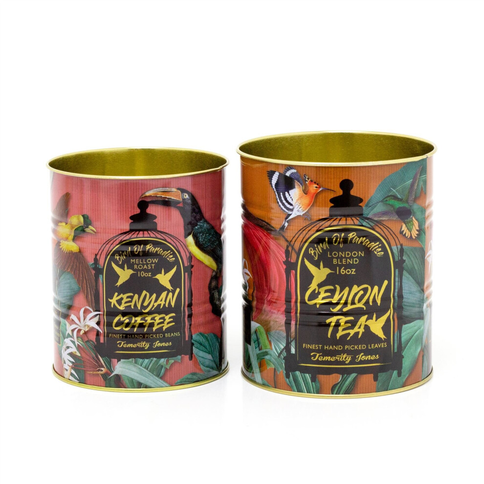 Set Of 2 Decorative Replica Tea & Coffee Tin Cans | Tropical Birds Storage Tins