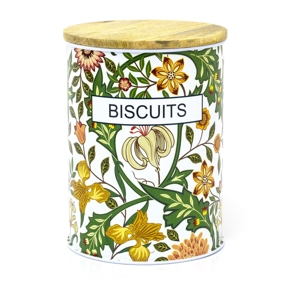 Retro Style Floral Airtight Biscuit Tin With Wooden Lid | Metal Cookie Jar