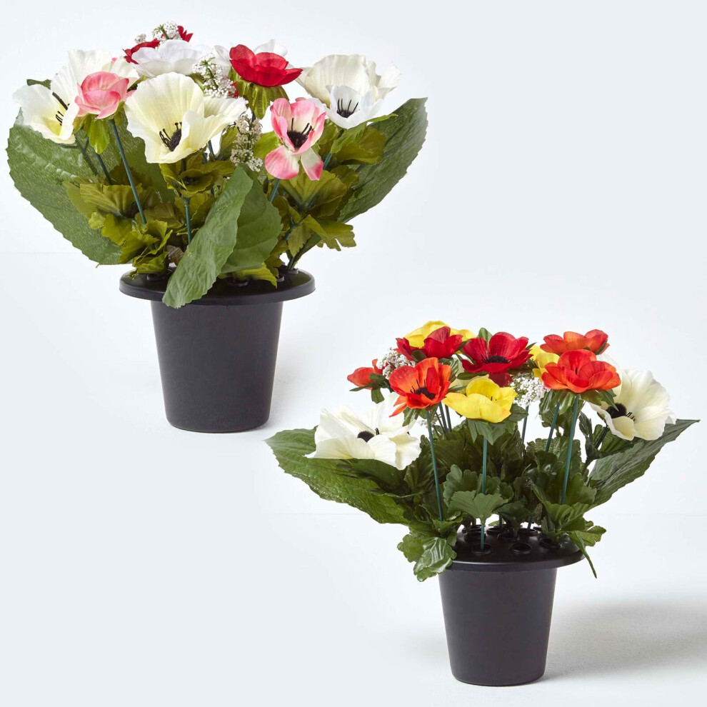 Homescapes Set Of 2 & Anemone Artificial Flowers In Grave Vases Pink/Orange/Red