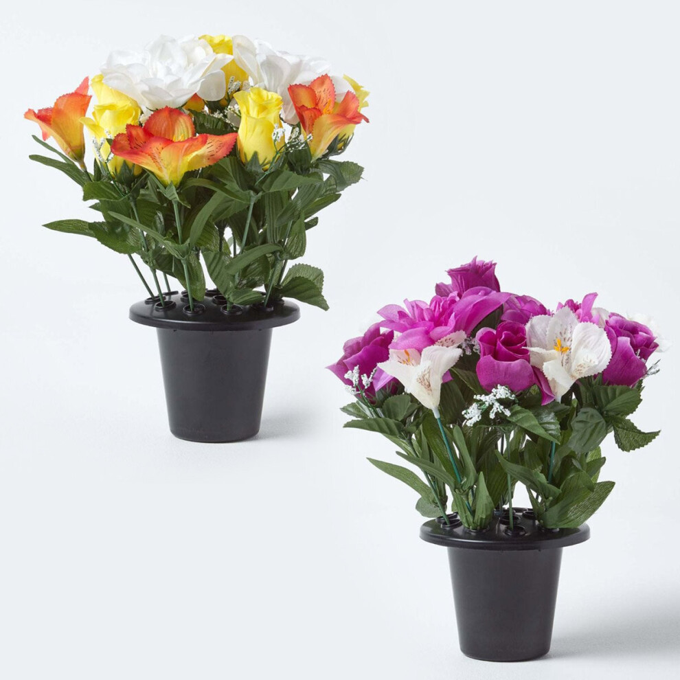 Set of 2 Purple, Orange & White Roses & Peonies Artificial Flowers in Grave Vases